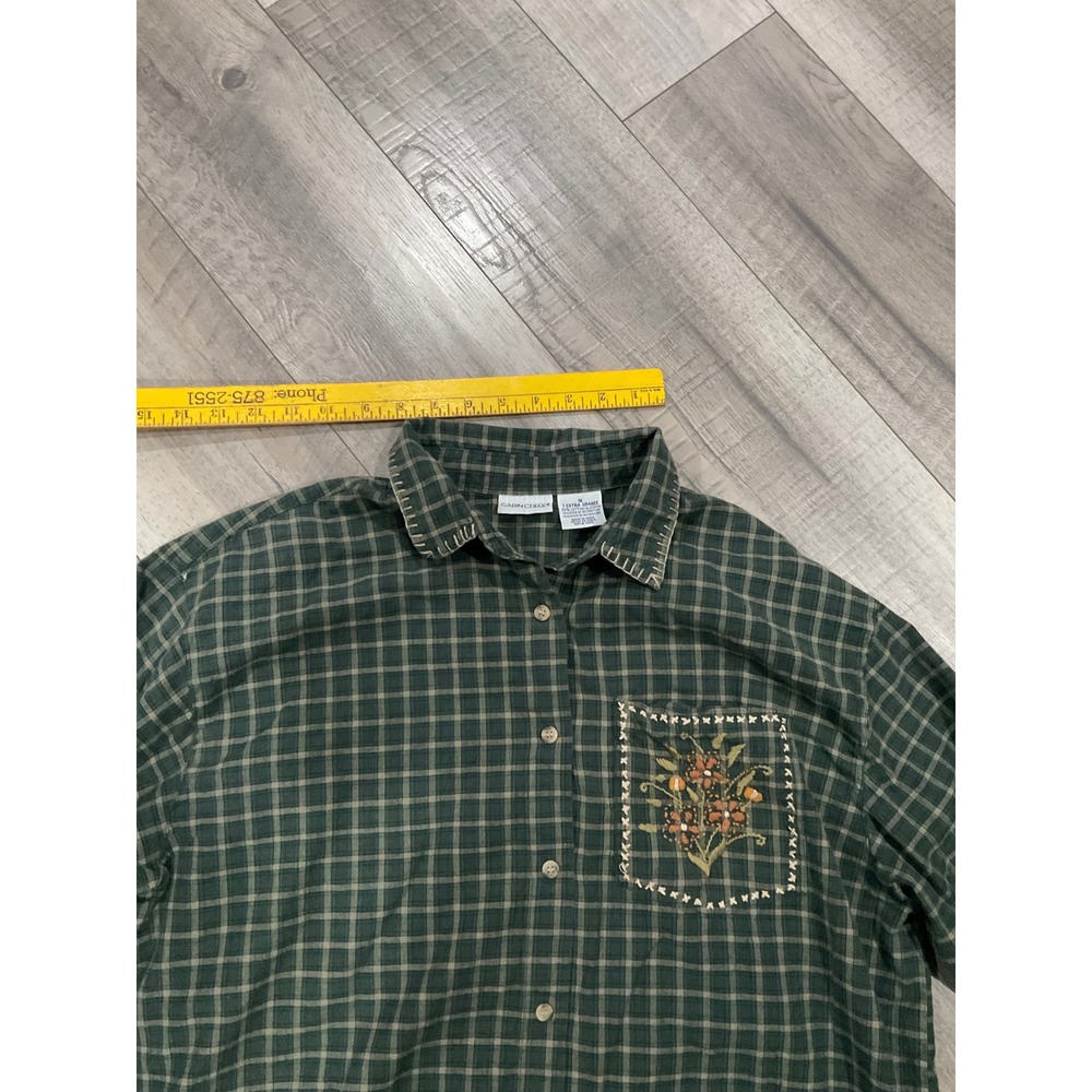 Cabin Creek Green Plaid Embroidered Floral Button Down Shirt 1X vintage - Picture 6 of 9